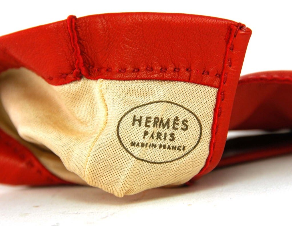 HERMES Red Leather Gloves With Contrast Piping 1