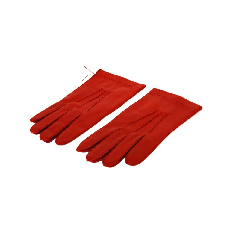 HERMES Red Leather Gloves With Contrast Piping