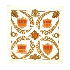 HERMES White Silk Crest Print Scarf
