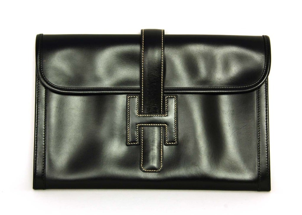HERMES Black Leather H Jige Clutch