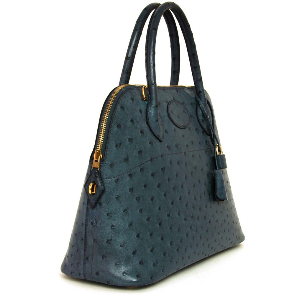 HERMES 2001 Blue Ostrich Leather 31cm Bolide Bag with Strap In Good Condition In New York, NY