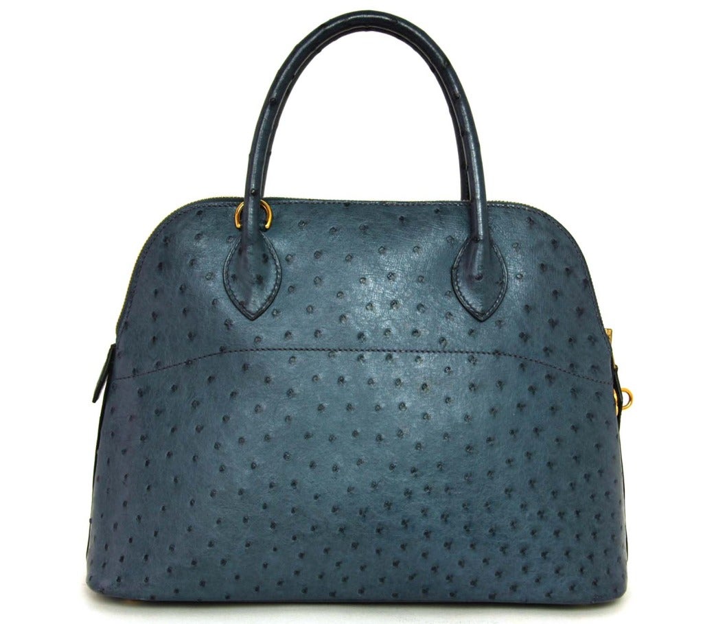 Women's HERMES 2001 Blue Ostrich Leather 31cm Bolide Bag with Strap