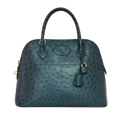 HERMES 2001 Blue Ostrich Leather 31cm Bolide Bag with Strap