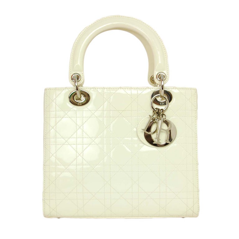 CHRISTIAN DIOR White Patent Leather Lady Dior Bag