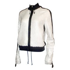 Chanel White Sequin Zip-Up Jacket With Navy Blue Terry Cloth Piping SZ 42