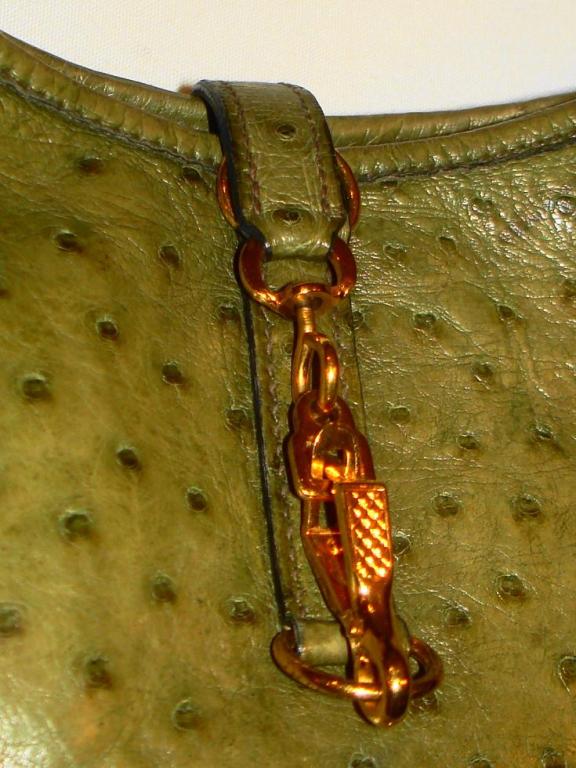 HERMES Moss Green Ostrich Leather Trim Bag In Excellent Condition In New York, NY