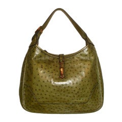 HERMES Moss Green Ostrich Leather Trim Bag