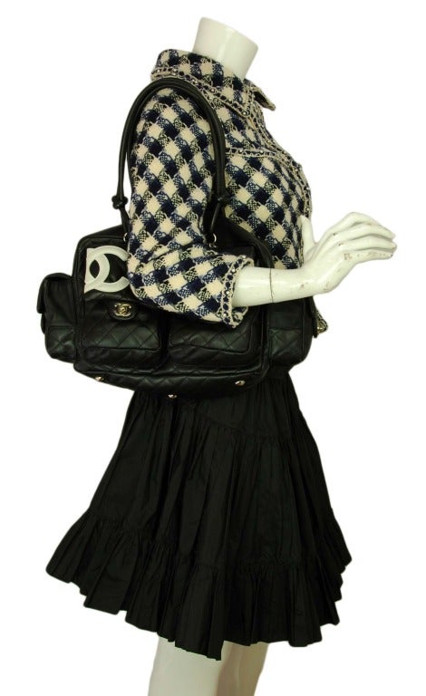 CHANEL Black Quilted Cambon Reporter Bag W. White CC & Quilted Pockets 6