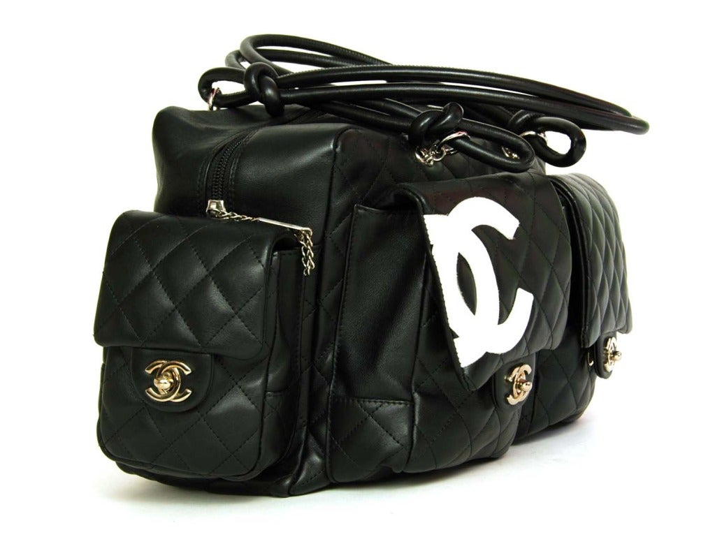CHANEL Black Quilted Cambon Reporter Bag W. White CC & Quilted Pockets In Good Condition In New York, NY