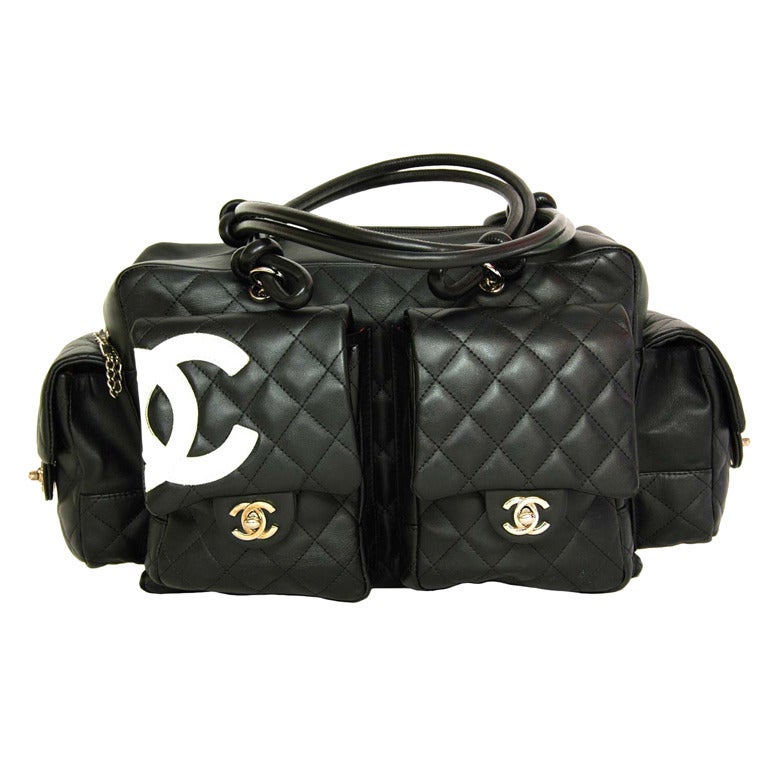 CHANEL Black Quilted Cambon Reporter Bag W. White CC & Quilted Pockets