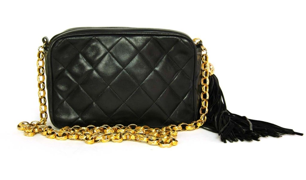 Women's CHANEL Black Quilted Camera Bag W. Tassel c. 1990