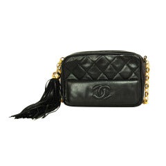 Vintage CHANEL Black Quilted Camera Bag W. Tassel c. 1990