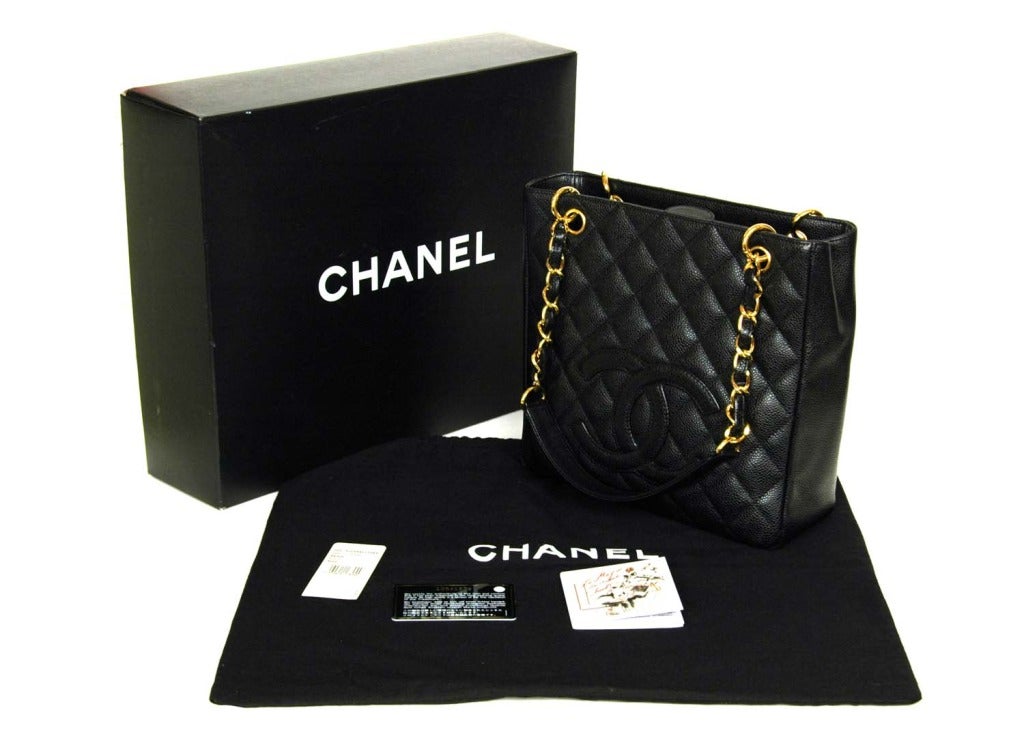 CHANEL Black Caviar Leather Petite Shopper Tote Bag PST W. Gold Hardware In Good Condition In New York, NY