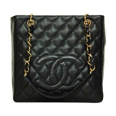 CHANEL Black Caviar Leather Petite Shopper Tote Bag PST W. Gold Hardware