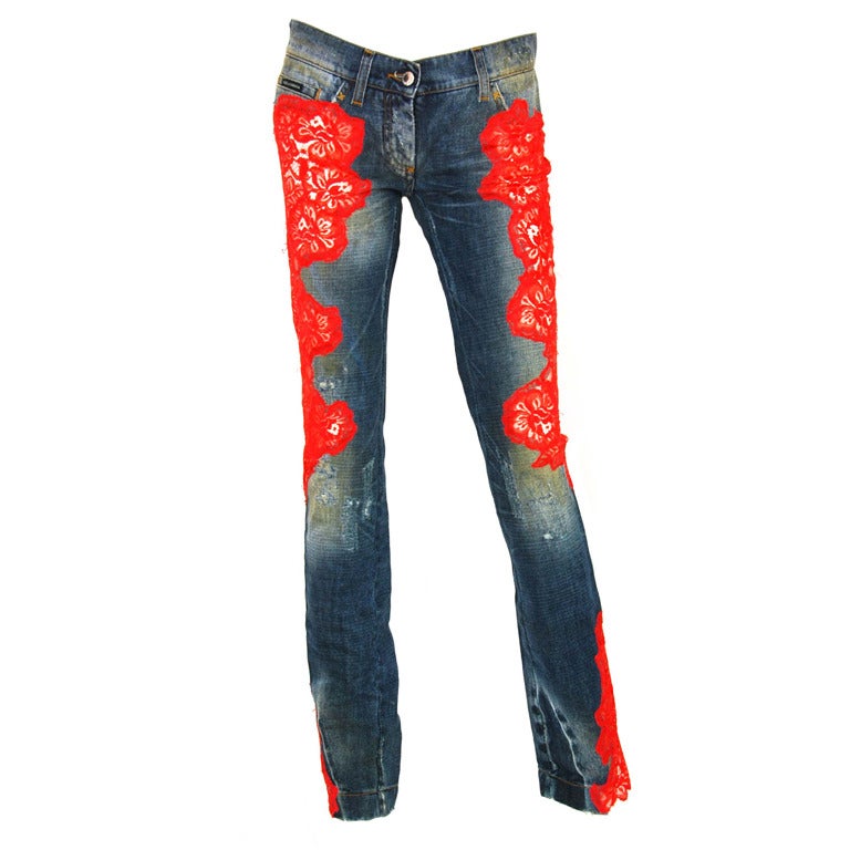 DOLCE & GABBANA Blue Jeans W. Sheer Red Lace Applique Sz. 40