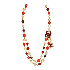 CHANEL Red/White Bead & Faux Pearl Belt/Necklace W. Hanging Logo CC Charms