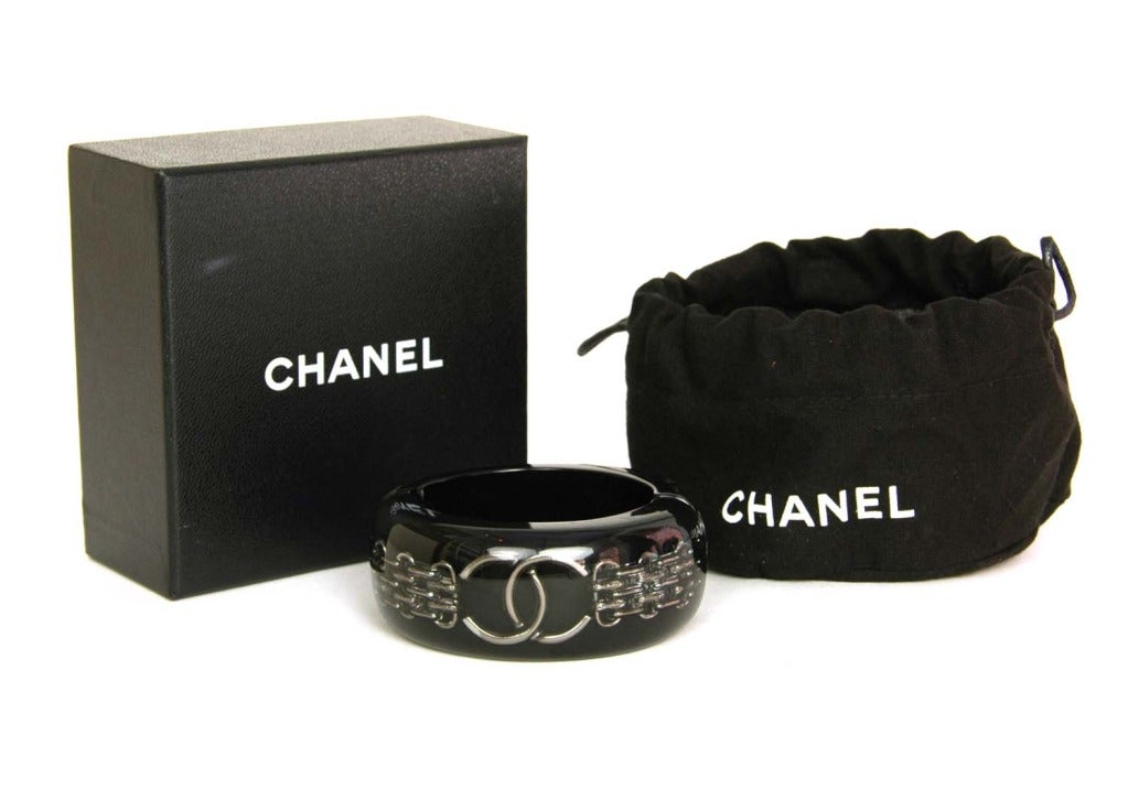 Chanel Black Resin Bangle Bracelet W. Embedded Chain & CC c. 2011 RT. $1185 1
