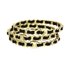 CHANEL Brushed Gold & Black Leather Woven Bangles (Set of 3) c. 2012