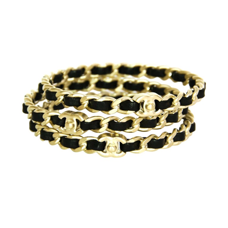 CHANEL Brushed Gold and Black Leather Woven Bangles (Set of 3) c. 2012