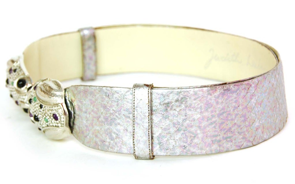 JUDITH LEIBER Silver Leather Expandable Belt W. Embellished Frog Buckle