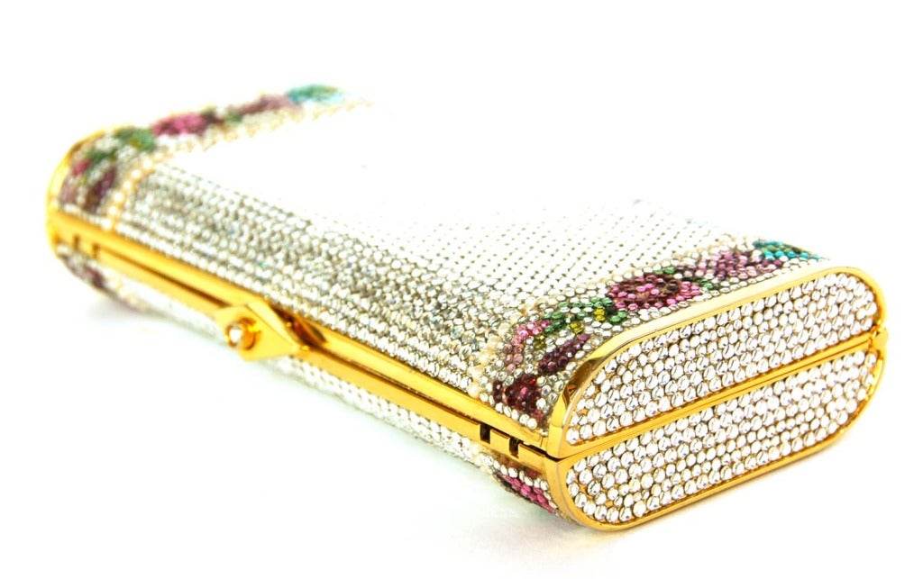 JUDITH LEIBER Minaudiere Crystal Clutch W. Flowers, Pearls & Gold Shoulder Strap In Good Condition In New York, NY