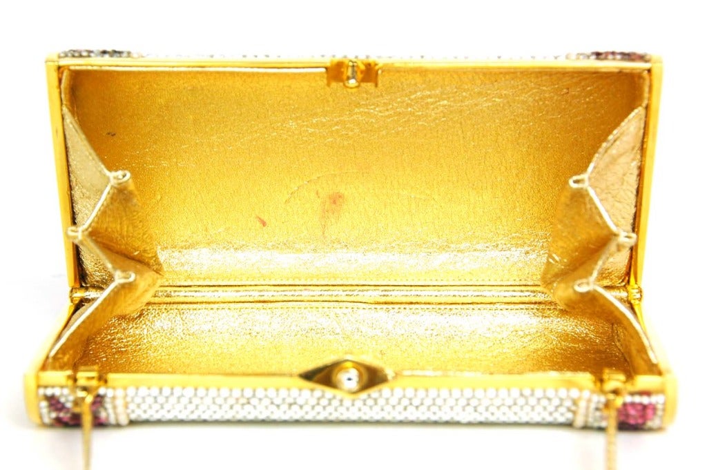 Women's JUDITH LEIBER Minaudiere Crystal Clutch W. Flowers, Pearls & Gold Shoulder Strap