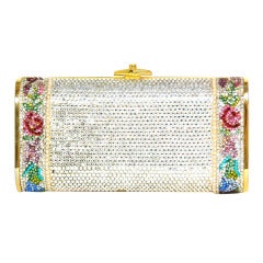 JUDITH LEIBER Minaudiere Crystal Clutch W. Flowers, Pearls & Gold Shoulder Strap