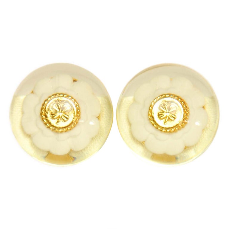 Chanel Vintage '50s-'60s Gold & Resin Camelia XL Clip On Earrings