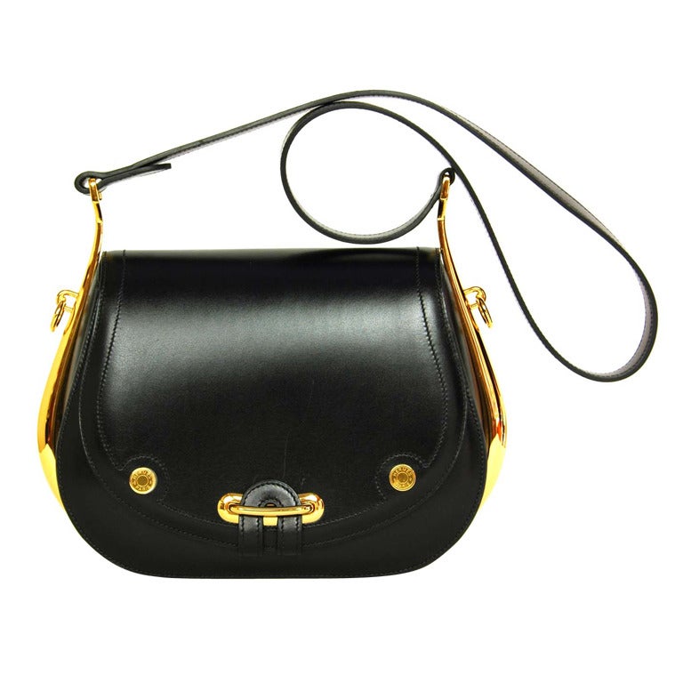 HERMES Black Leather "Passe Guide" Shoulder Bag W. Gold Hardware