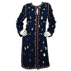 CHANEL Navy Blue Tweed Jacket W. Red & White Stitching & Mesh c.2011 Sz. 42