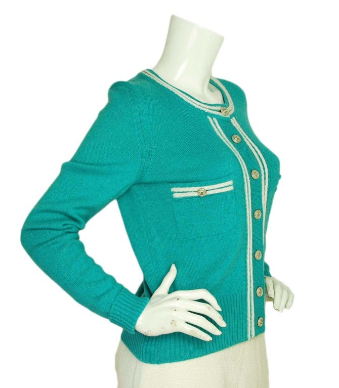 CHANEL NWT Turquoise Cardigan Sweater W. Piping & Silver Logo Buttons In New Condition In New York, NY
