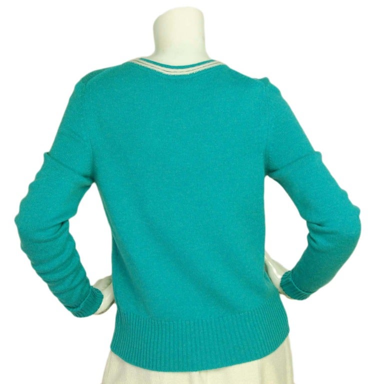 Women's CHANEL NWT Turquoise Cardigan Sweater W. Piping & Silver Logo Buttons
