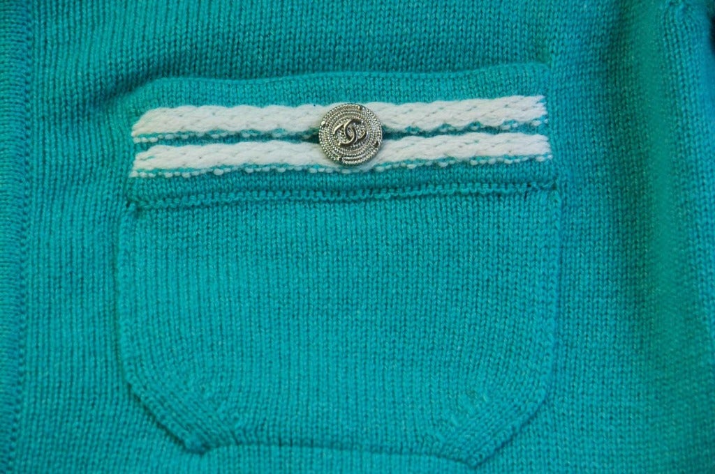 CHANEL NWT Turquoise Cardigan Sweater W. Piping & Silver Logo Buttons 2