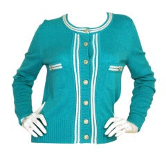 CHANEL NWT Turquoise Cardigan Sweater W. Piping & Silver Logo Buttons