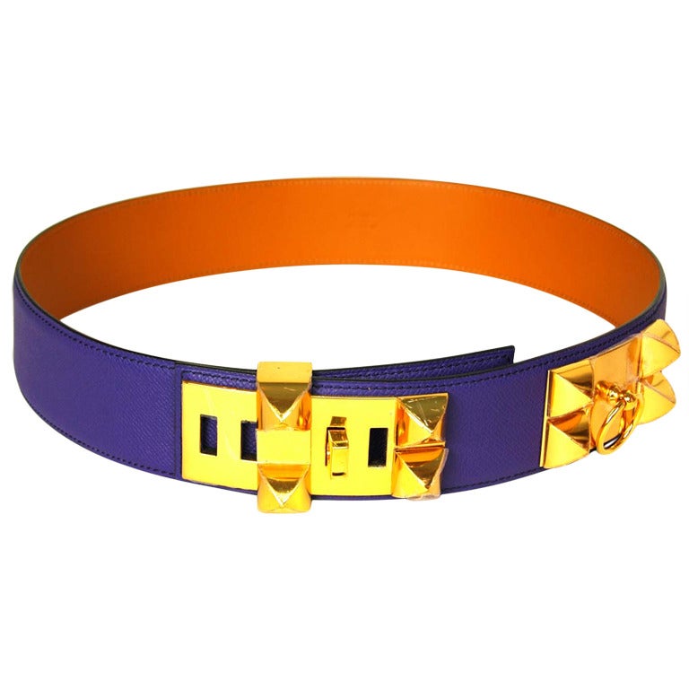 Hermes Iris Purple Leather Collier De Chien CDC Belt
Made in: France
Year of Production: 2013
Color: Dark purple and goldtone
Hardware: Goldtone
Materials: Epsom leather and metal
Closure/opening: Five slots to accommodate different waist sizes and