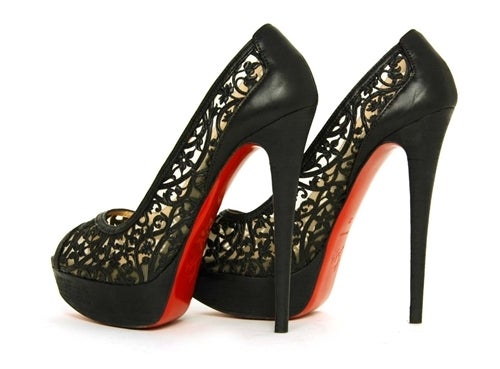 CHRISTIAN LOUBOUTIN Black Leather Brocade & Mesh Pumps Sz. 39/9 In Good Condition In New York, NY