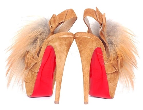 CHRISTIAN LOUBOUTIN Tan Suede Platform Heels with Fur Sz. 35.5 RT. $1, 595 In New Condition In New York, NY
