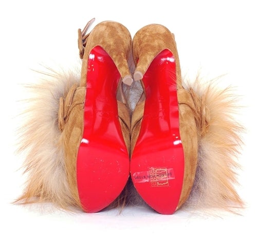 Women's CHRISTIAN LOUBOUTIN Tan Suede Platform Heels with Fur Sz. 35.5 RT. $1, 595