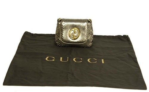 GUCCI Bronze Python '1973' Crossbody Flap Bag W. Gold Chain In Excellent Condition In New York, NY