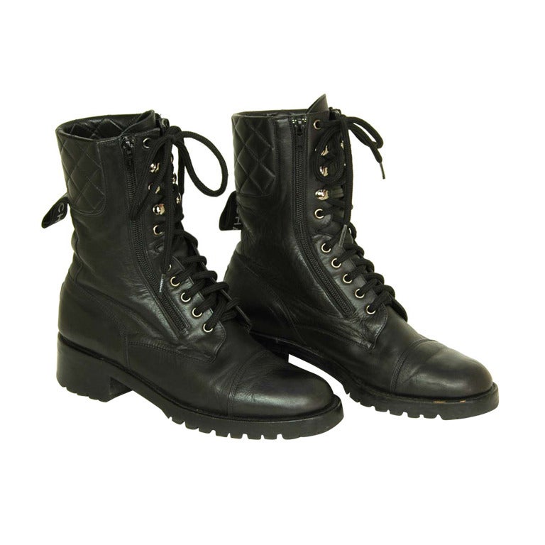 CHANEL Vintage Black Leather Combat Boots c. 1990s Sz. 40/41 at