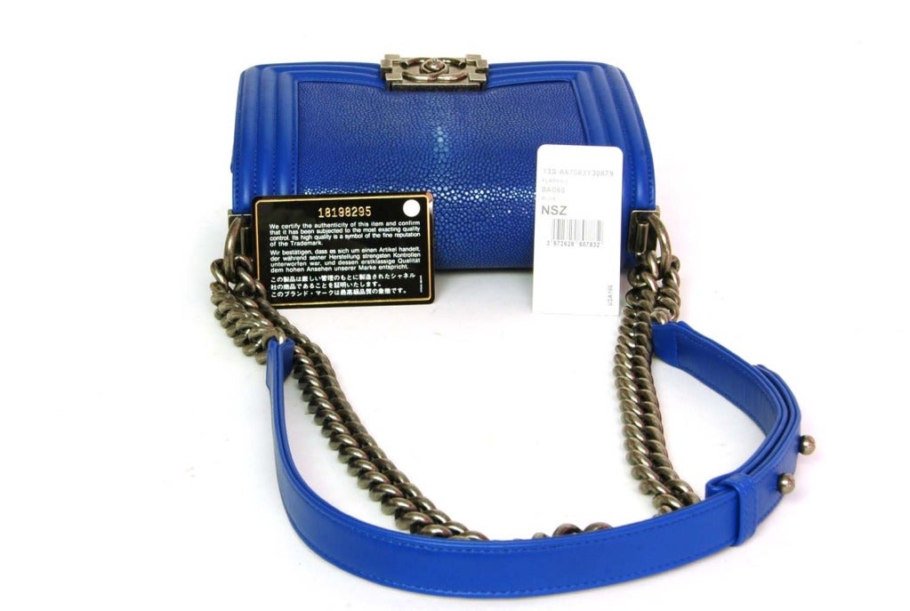 CHANEL New In Box Electric Blue Stingray 'Boy Bag' W. Pewter Hardware 2013 2