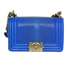 CHANEL New In Box Electric Blue Stingray 'Boy Bag' W. Pewter Hardware 2013