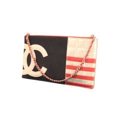 Chanel 2003 Navy/Red/Silver Canvas Leather Flag CC Pochette Bag