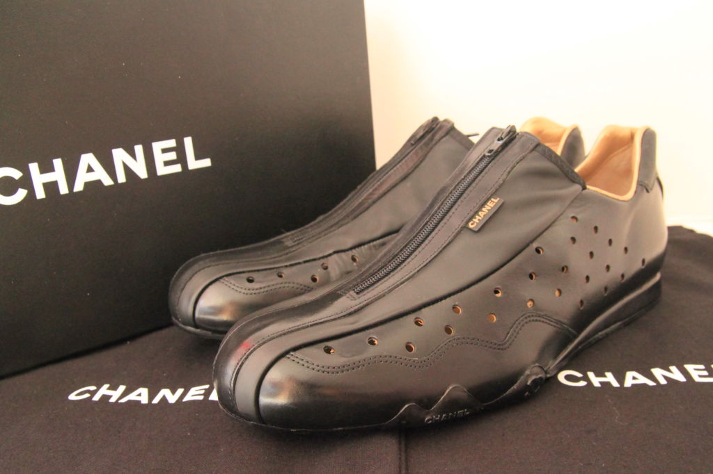 CHANEL BLACK PERFORATED LEATHER ZIP FRONT SNEAKER - SZ 37.5 6