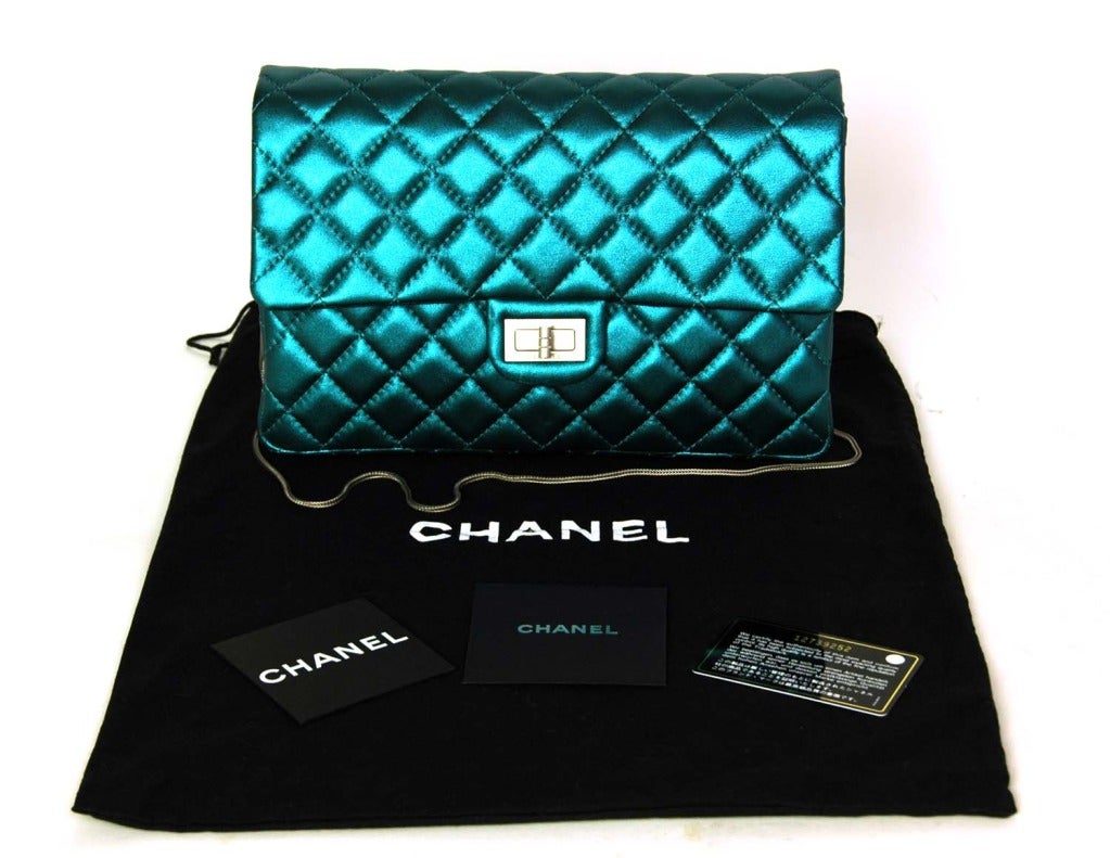 CHANEL Metallic Turquoise Quilted Classic Reissue Clutch W. SHW, Chain Strap