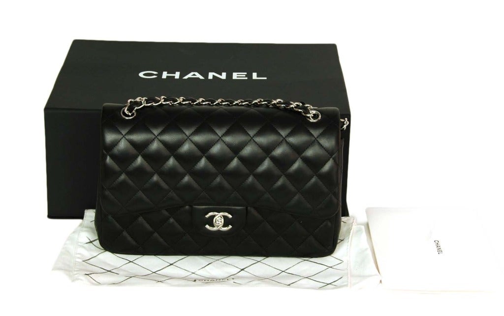 CHANEL Black Lambskin Leather Quilted Double Flap Jumbo Bag W. SHW c. 2012