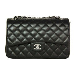 CHANEL Black Lambskin Leather Quilted Double Flap Jumbo Bag W. SHW c. 2012
