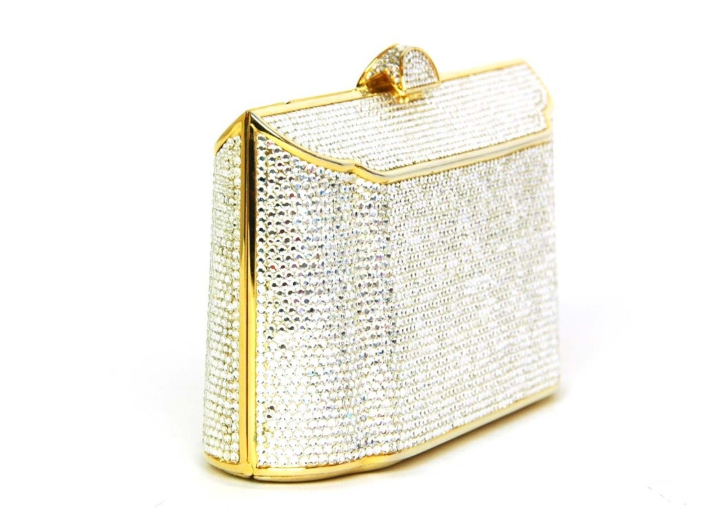 JUDITH LEIBER Silver Crystal Minaudiere Clutch W. Chain In Excellent Condition In New York, NY