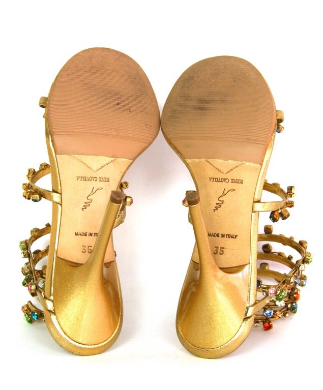 RENE CAOVILLA Gold Leather Ankle Wrap Rhinestone Shoes 3