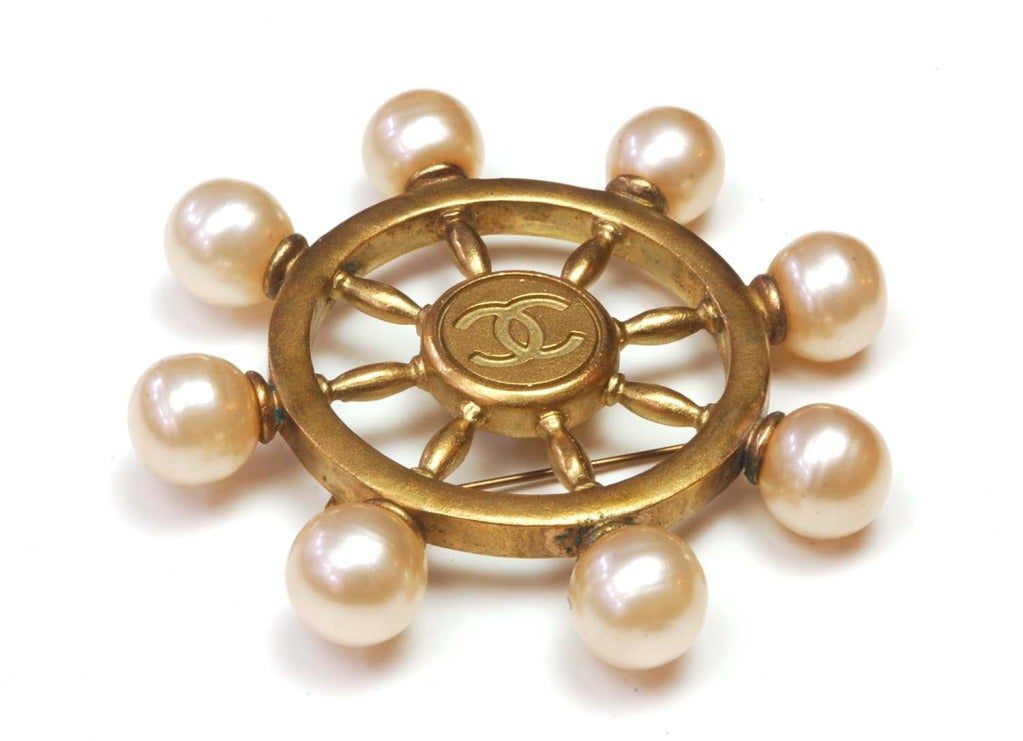 CHANEL Gold & Pearl Logo Ship's Helm Pin In Good Condition In New York, NY